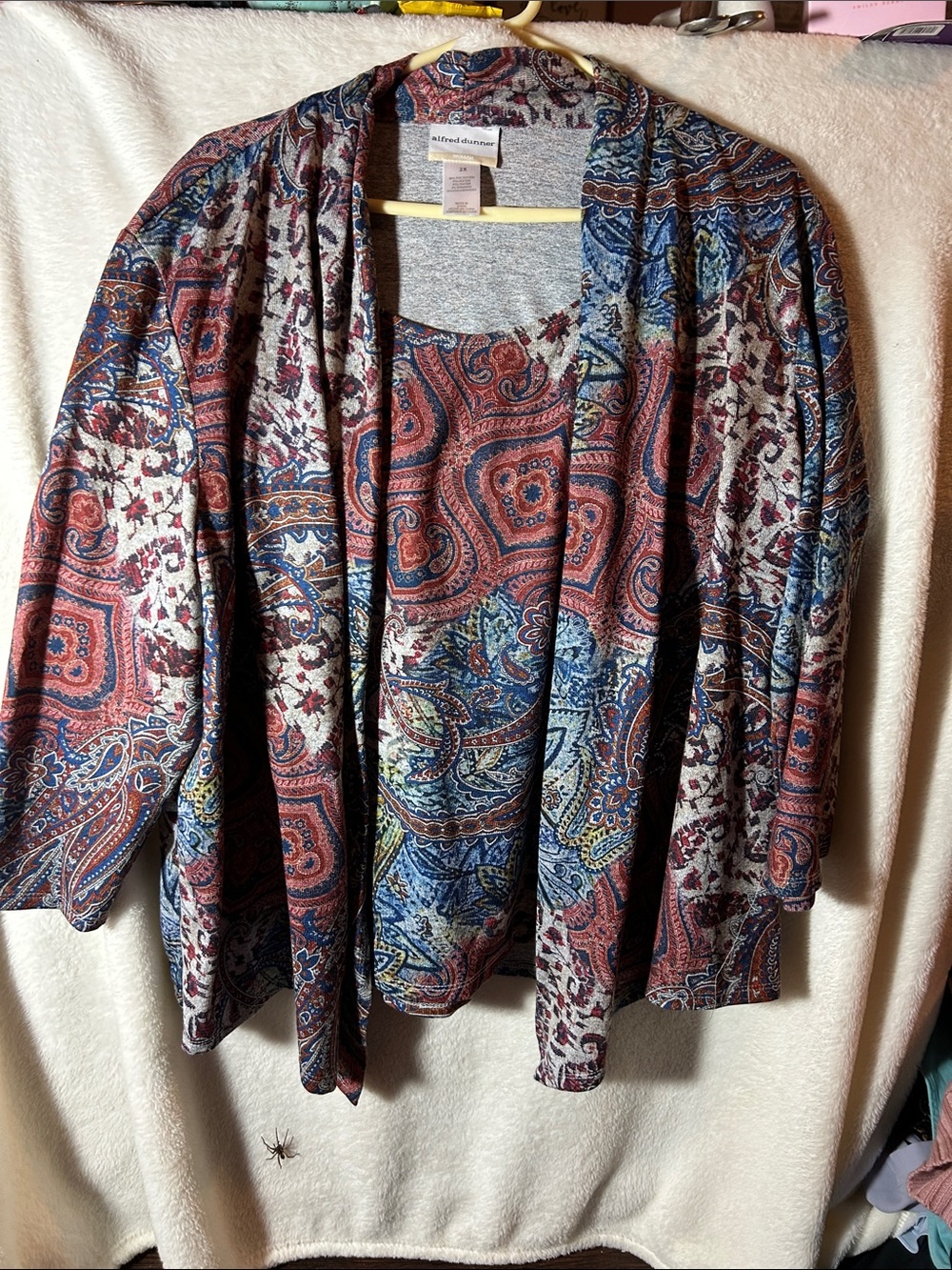 Alfred Dunner Paisley Open-Front Cardigan in Red, Blue & Cream 2X